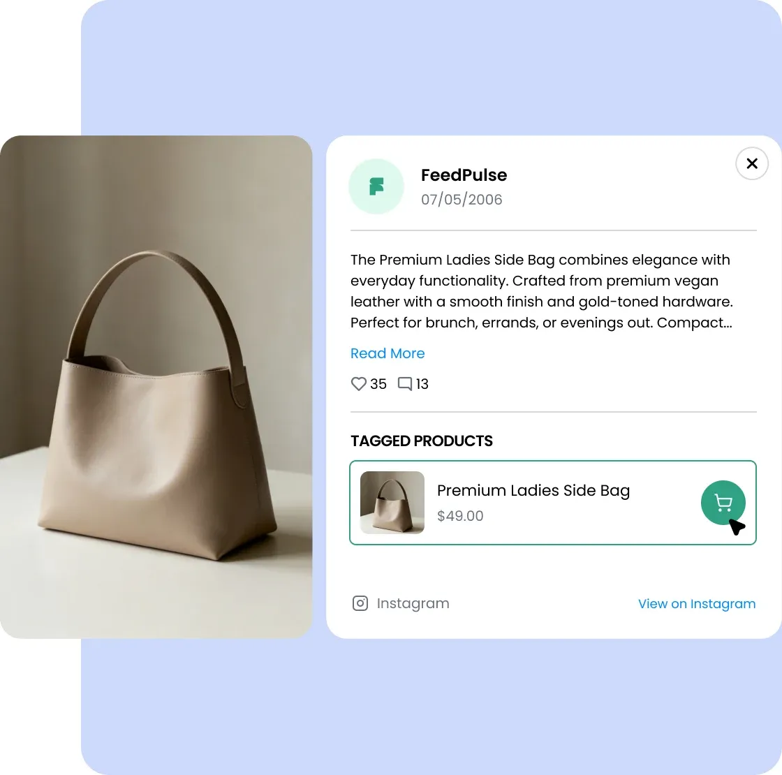 A pointer on the tagged product’s add-to-cart button in the opened post