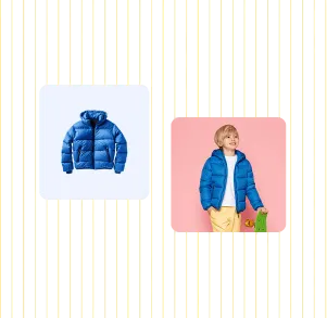 A blue puffer jacket shown on its own and worn by a child holding a skateboard