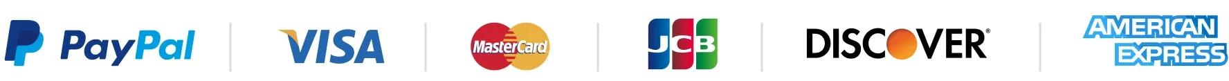 PayPal, Visa, MasterCard, JCB, Discover and American Express