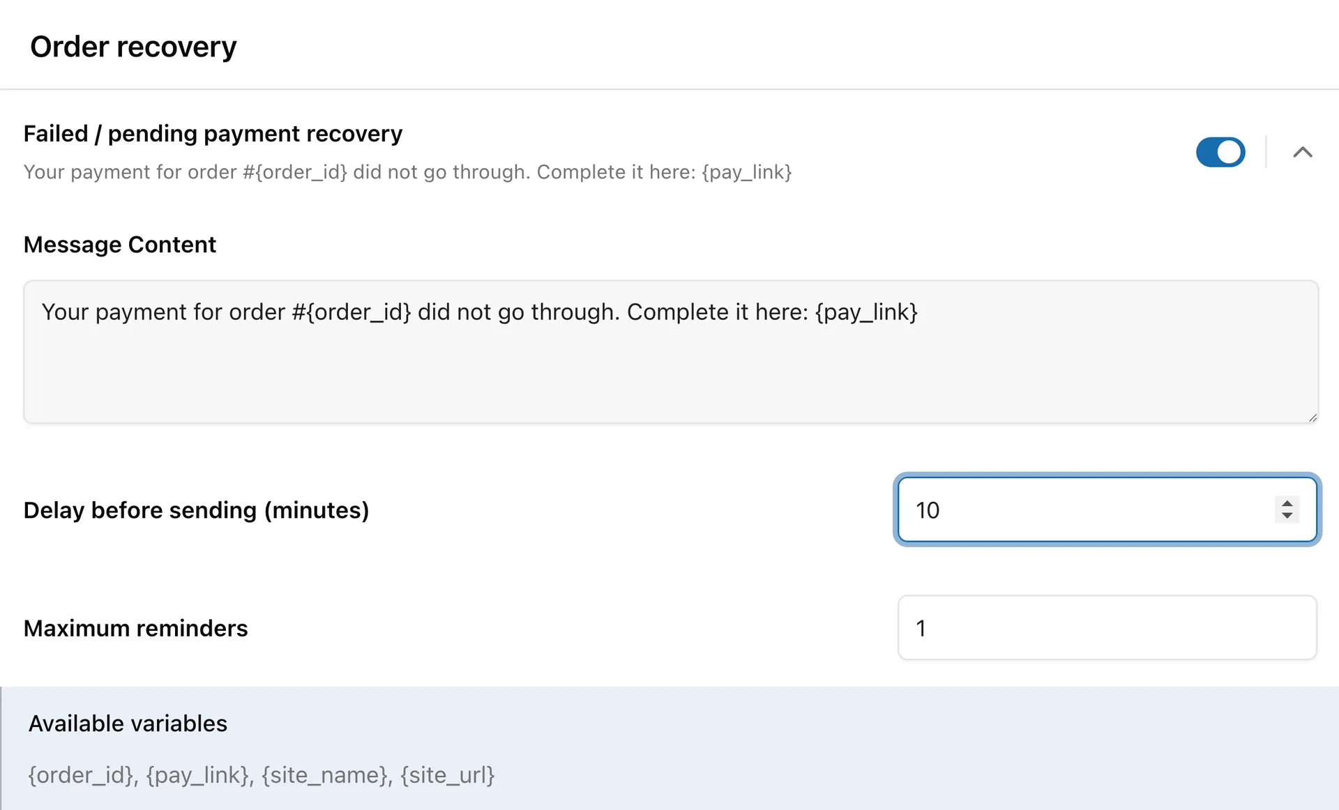 Texty Order recovery automation showing the Failed or pending payment recovery trigger with Delay before sending and Maximum reminders fields