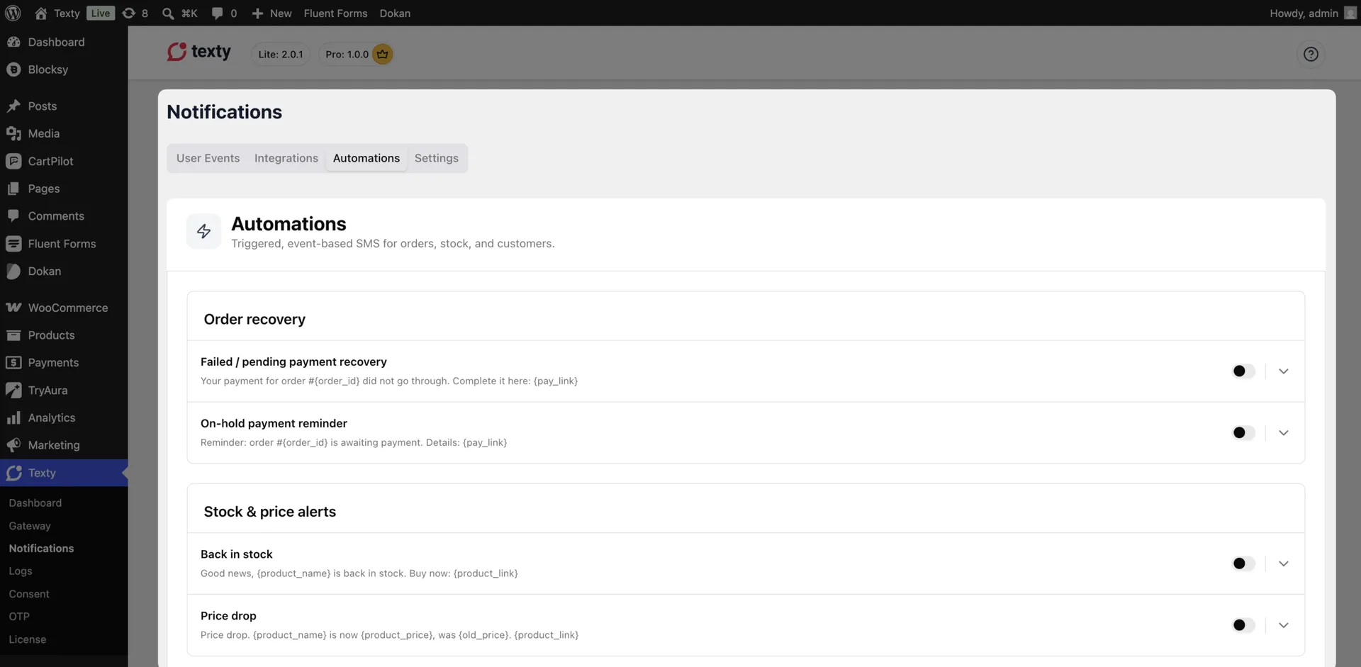 Texty Notifications Automations tab showing the Order recovery and Stock and price alerts trigger groups