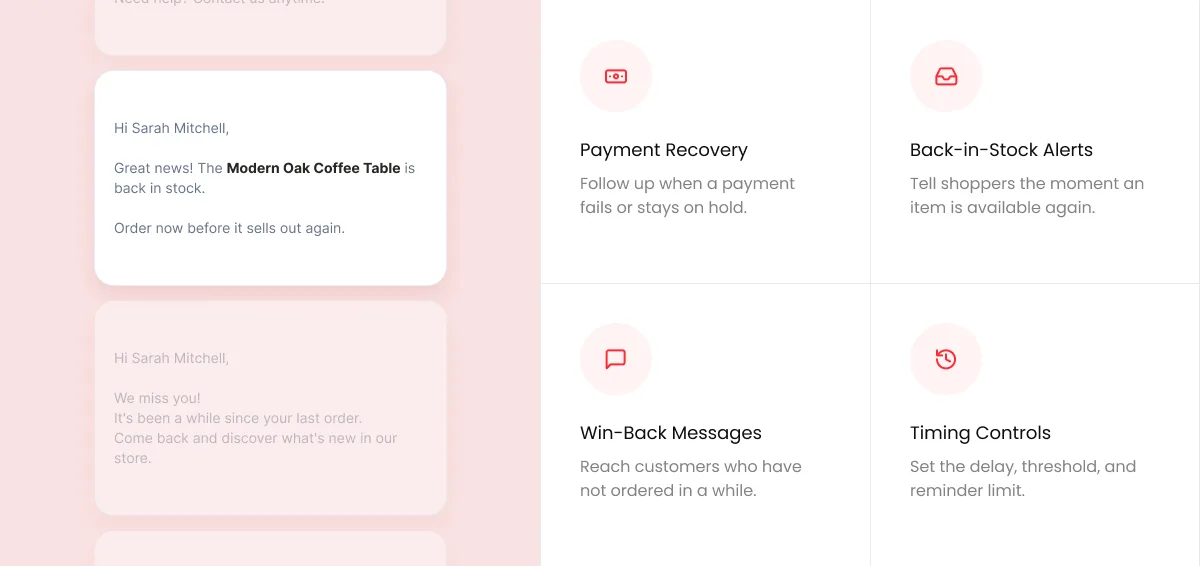 Illustration of Texty SMS automation features including Payment Recovery, Back-in-Stock Alerts, Win-Back Messages, and Timing Controls with example phone messages