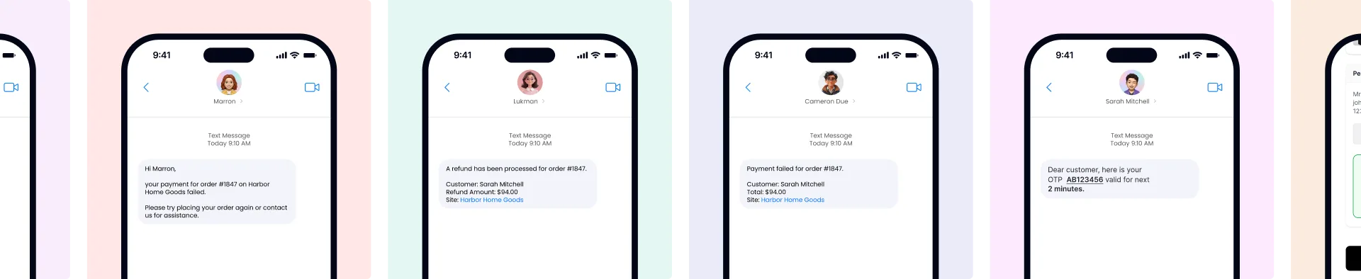 Row of smartphone mockups showing example Texty automation SMS messages for failed payment, refund processed, payment failed, and OTP verification