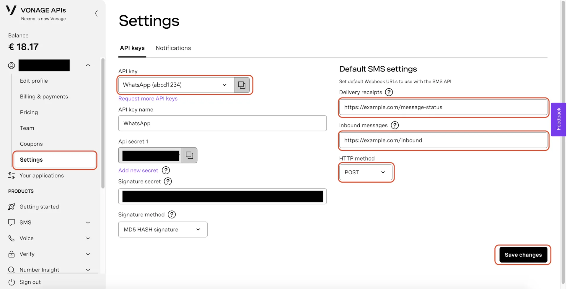 Vonage APIs Settings page with the API key and API secret fields highlighted for connecting Vonage to Texty