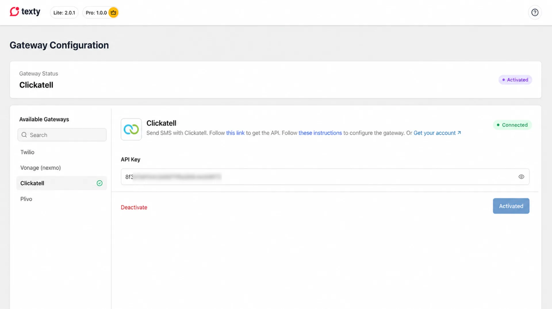 Texty Gateway Configuration screen with Clickatell connected and active, showing the API Key field