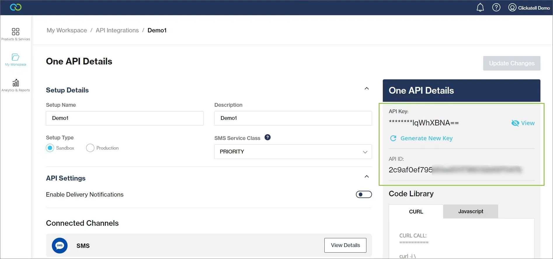 Clickatell Portal One API Details page with the API Key and API ID fields highlighted in the SMS integration settings