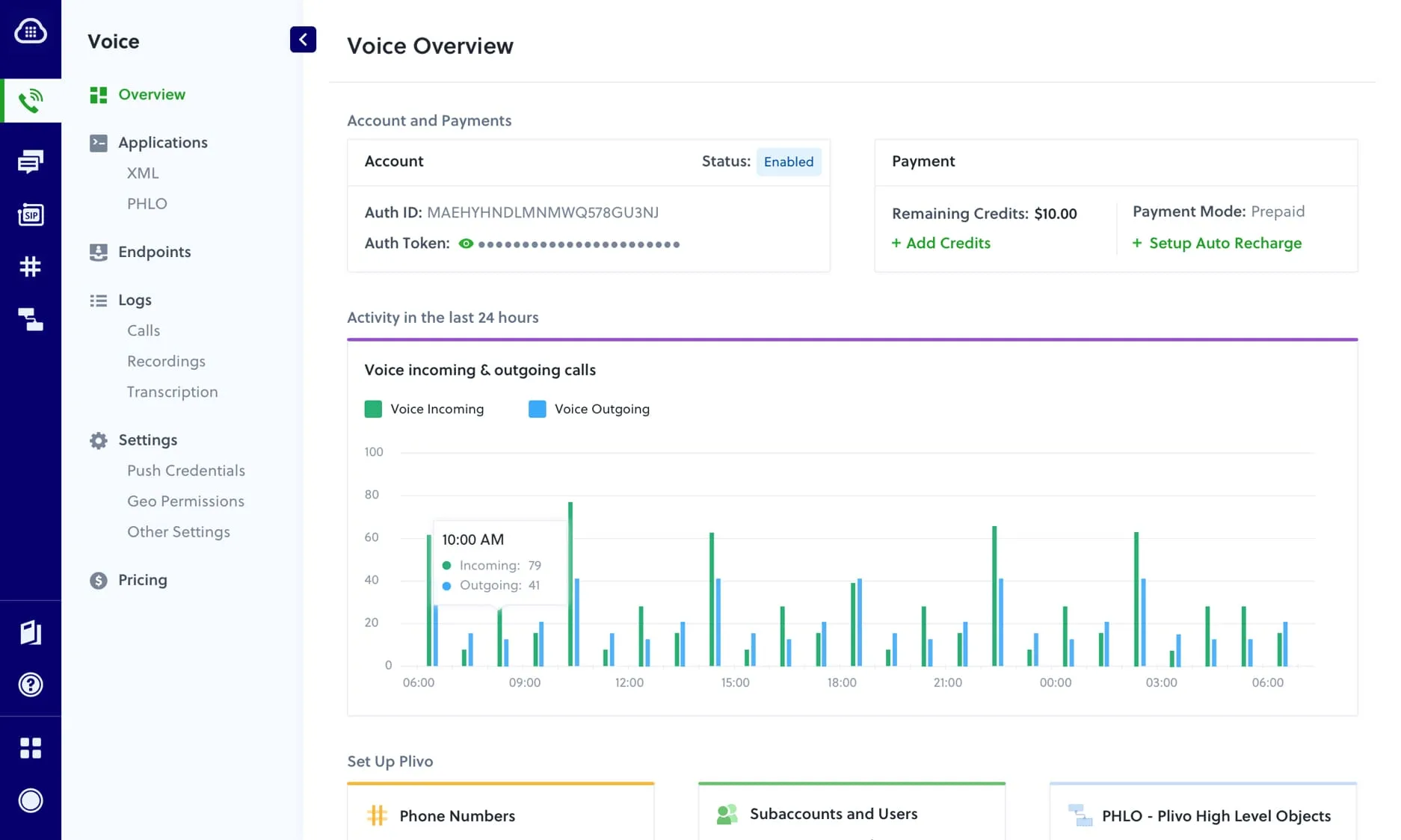 Plivo Console Voice Overview page showing the account Auth ID and Auth Token used to connect Plivo to Texty
