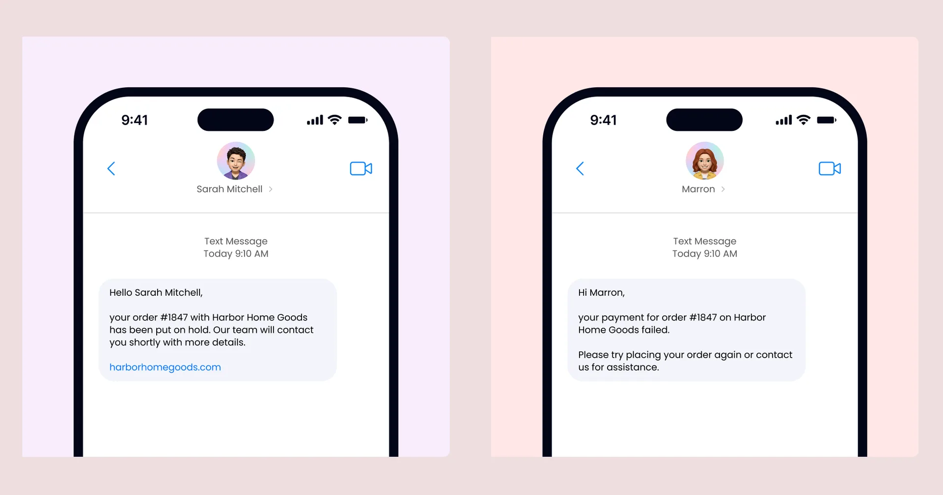 Example smartphone text messages showing Texty SMS notifications for a WooCommerce order hold alert and a failed payment alert