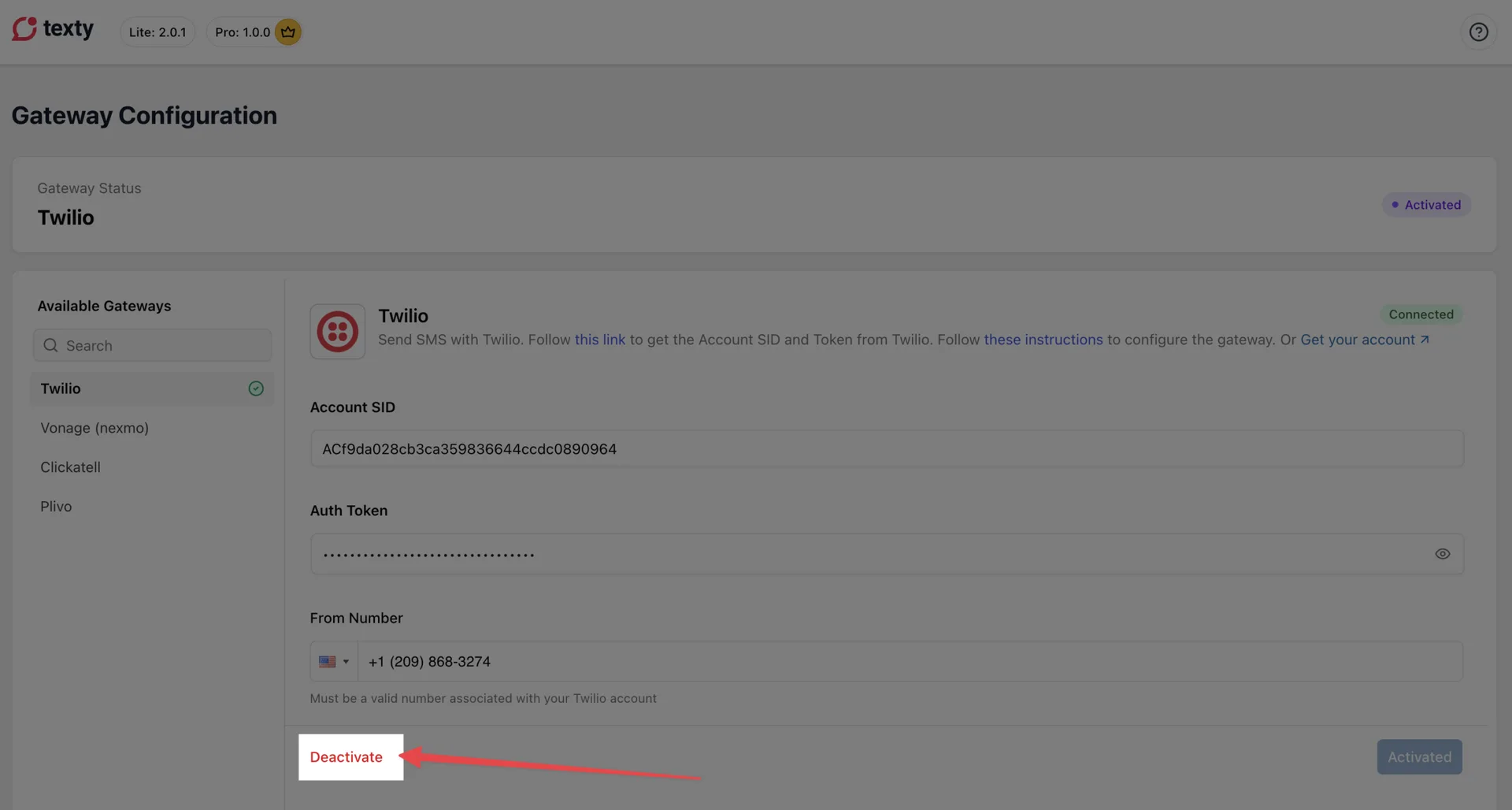 Texty Gateway page with a confirmation dialog open before deactivating the active Twilio SMS gateway
