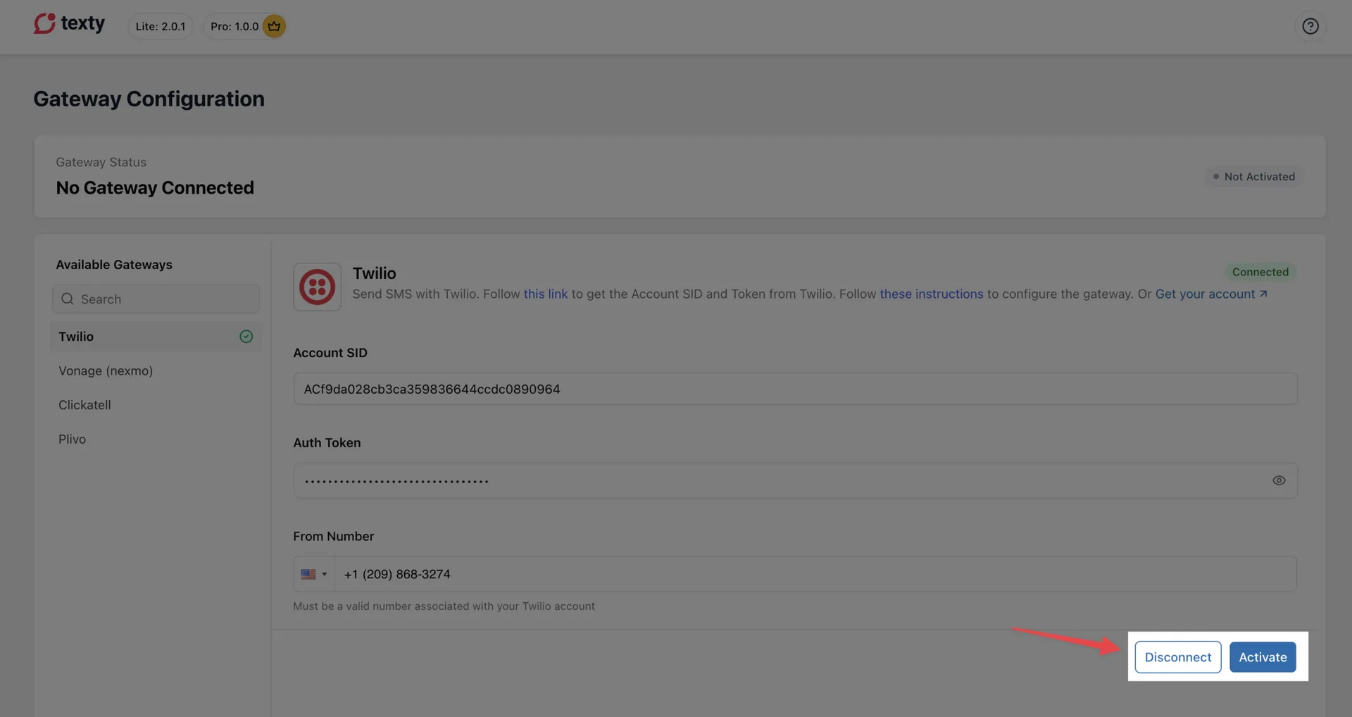 Texty Gateway page showing No Gateway Connected status after deactivating a gateway, with a disconnect confirmation dialog overlay
