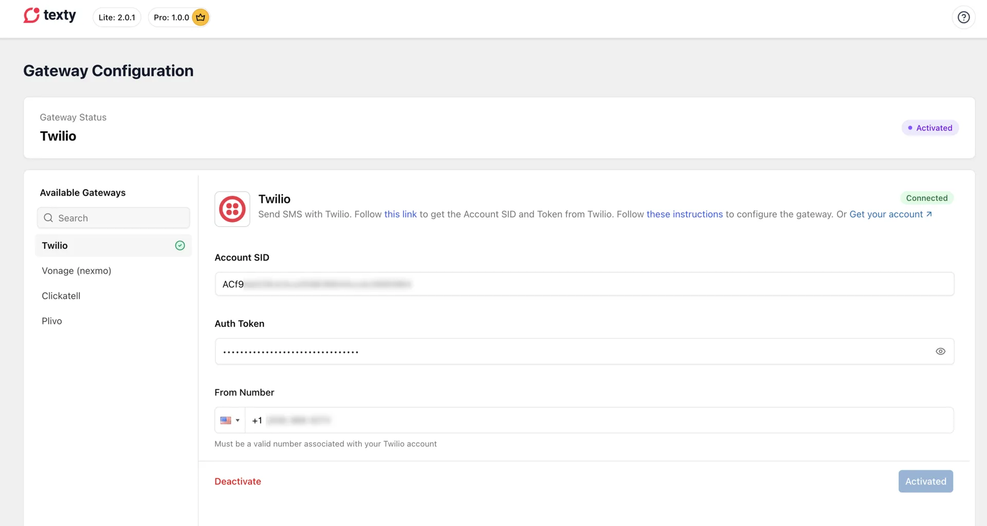 Texty Gateway Configuration screen showing Twilio as the currently active SMS gateway with saved credentials