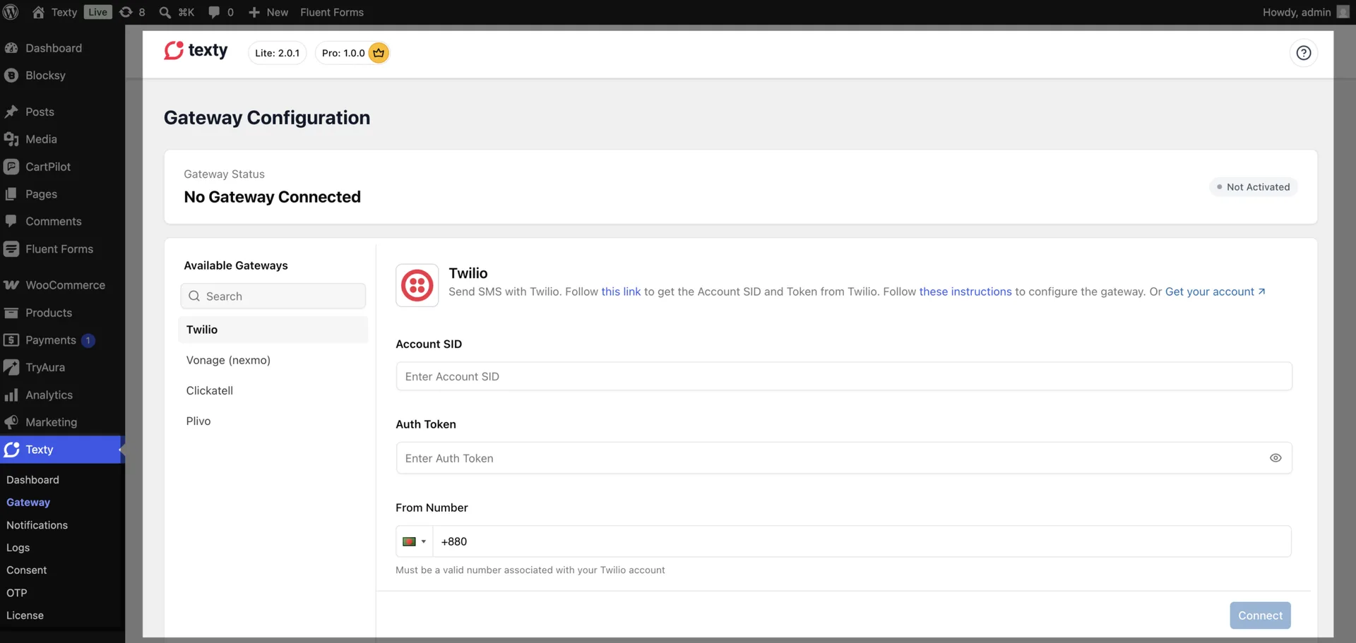 Texty Gateway page showing No Gateway Connected status with empty Twilio Account SID and Auth Token fields ready to be filled in