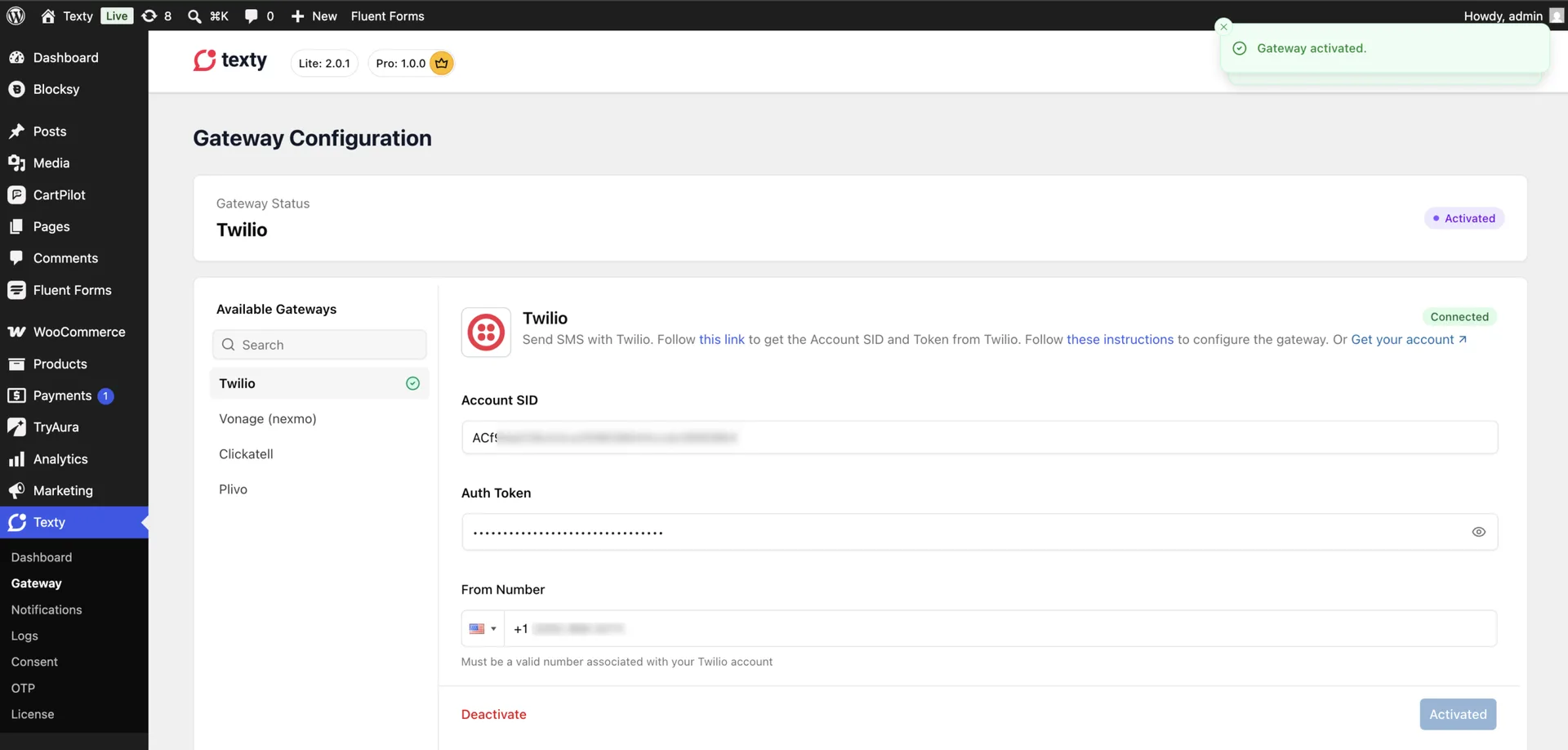 Texty Gateway Configuration page showing a successful activation notice after saving Twilio credentials