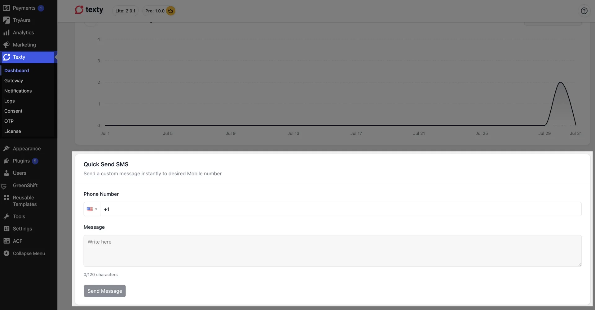 Quick Send SMS panel on the Texty dashboard with Phone Number and Message fields for sending a test SMS