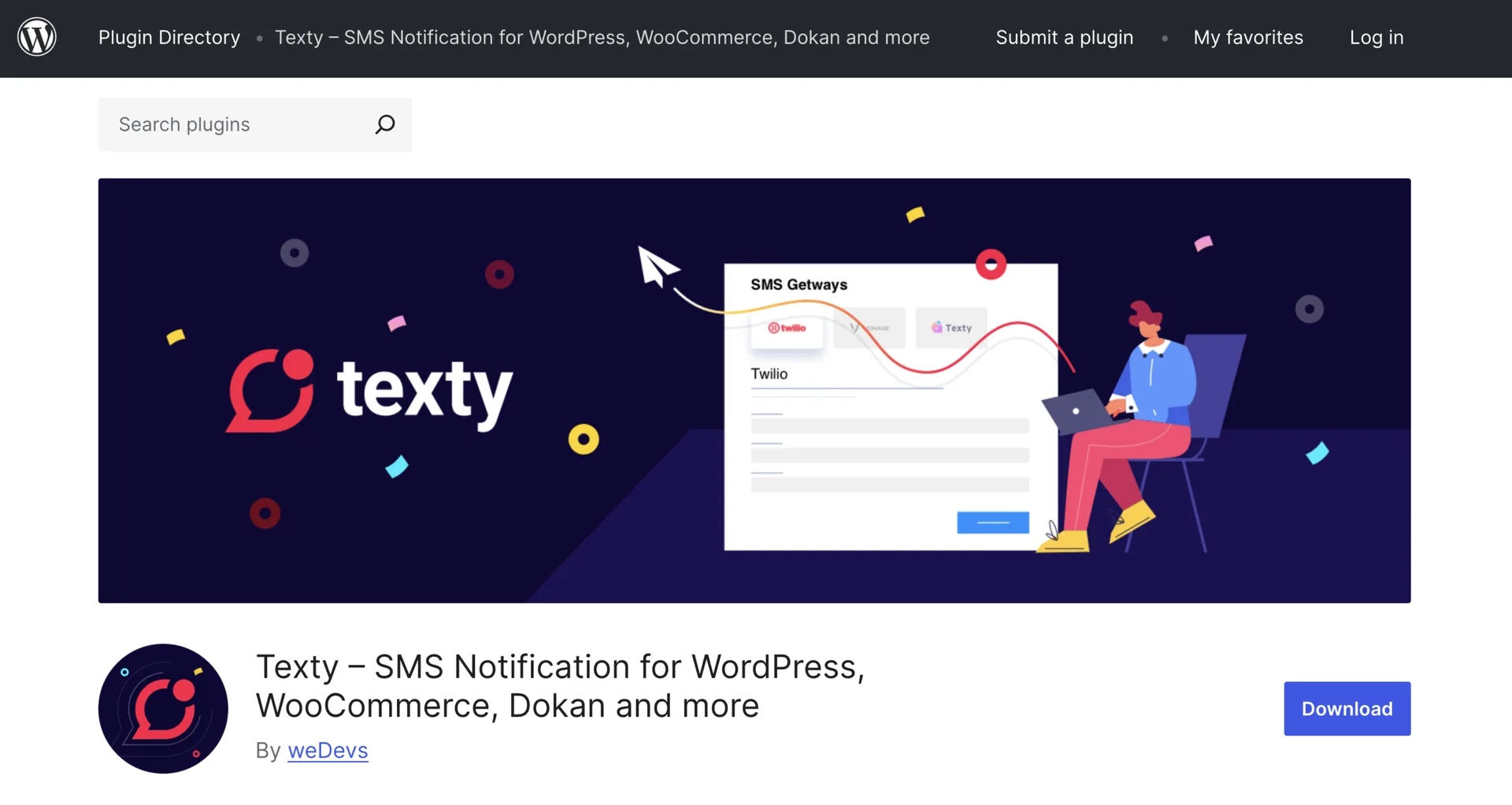 WordPress.org plugin directory listing page for the Texty SMS Notification plugin for WordPress, WooCommerce, and Dokan