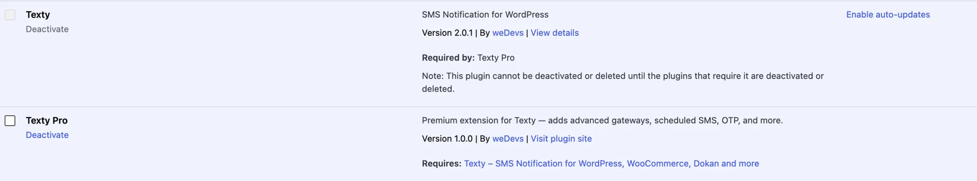 WordPress Installed Plugins screen showing the Texty and Texty Pro plugins both active