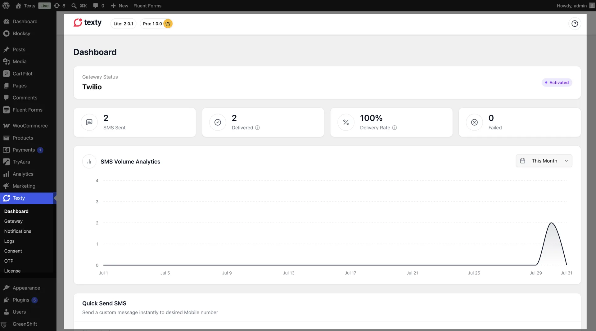 Texty plugin dashboard in WordPress showing the connected SMS gateway status and SMS sent, delivered, and delivery rate statistics