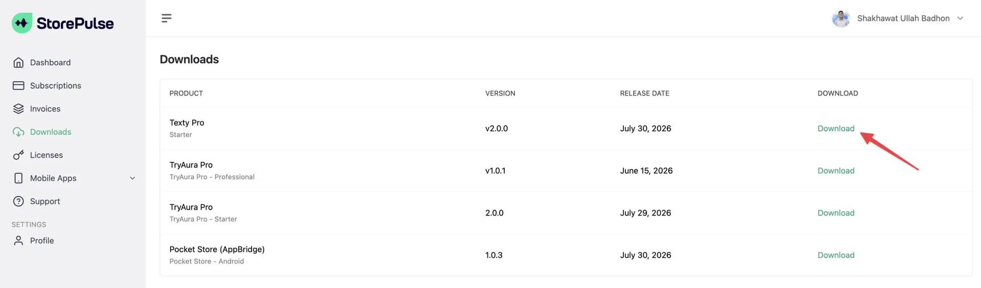 StorePulse account Downloads page showing the Texty Pro plugin ZIP file available for download