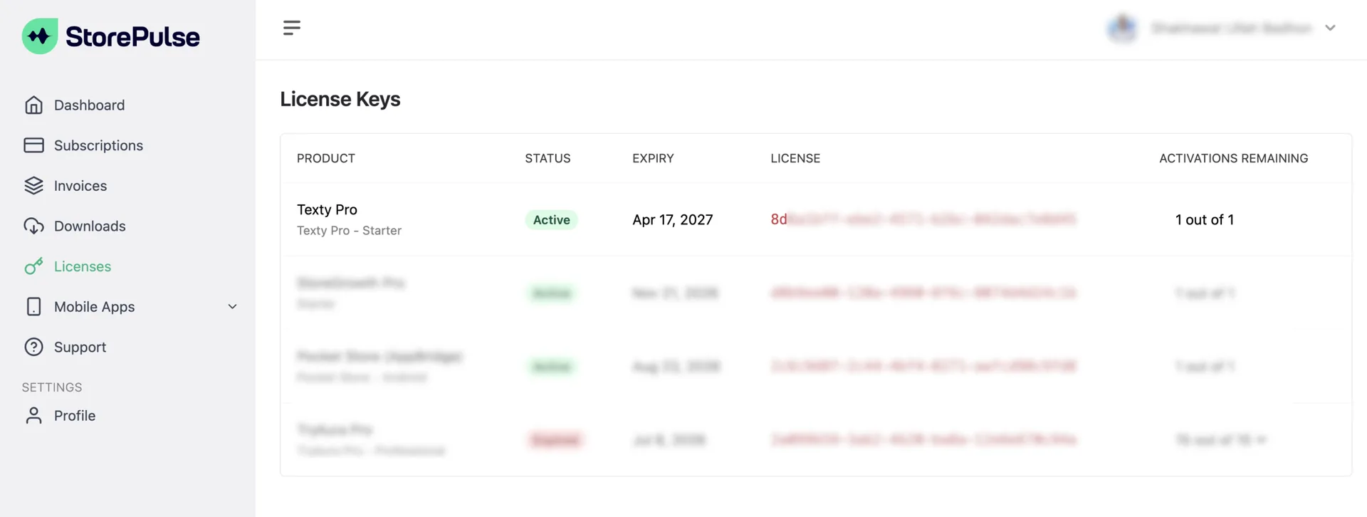 StorePulse account License Keys page showing the Texty Pro license status, expiry date, and masked license key