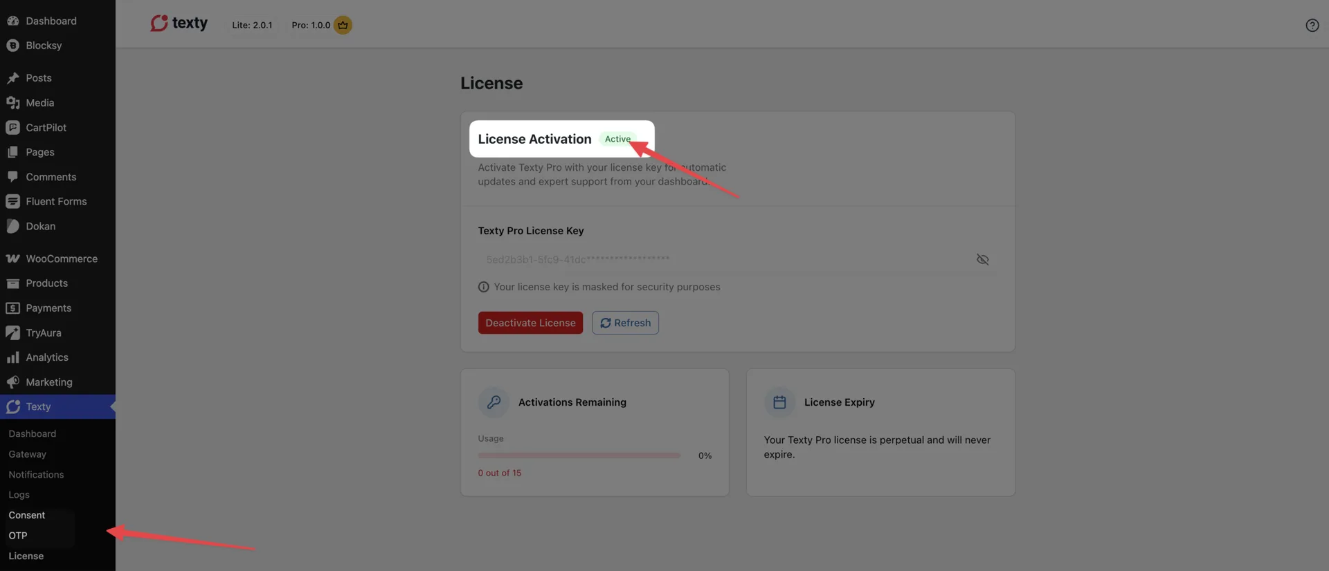 Texty License page showing the Active status highlighted with an arrow pointing to the Consent and OTP Pro features in the menu