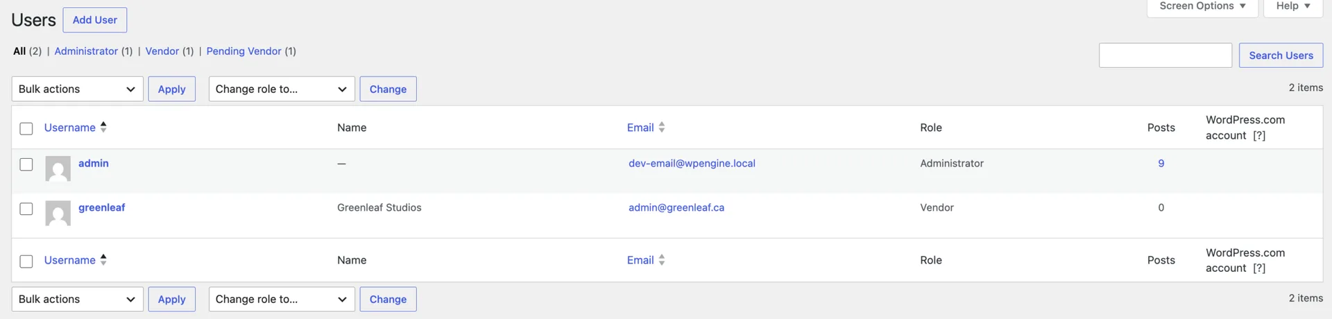WordPress Users list page showing usernames, roles, and email addresses for role-based Texty SMS alerts