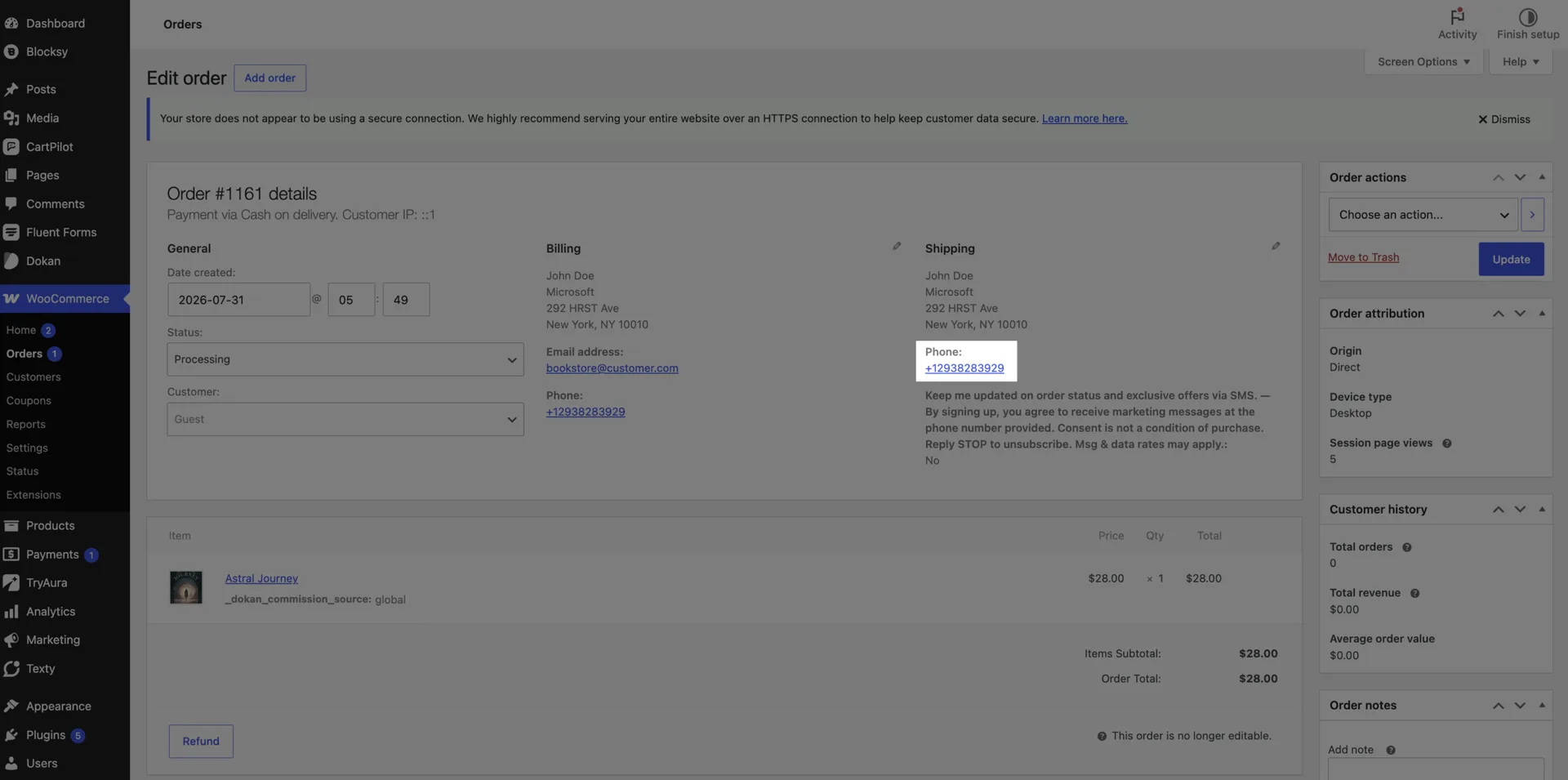 WooCommerce order edit screen with the billing phone number highlighted, which Texty uses for customer SMS alerts