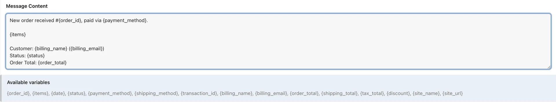 Texty Message Content field with an order alert template and a full list of available order dynamic variables