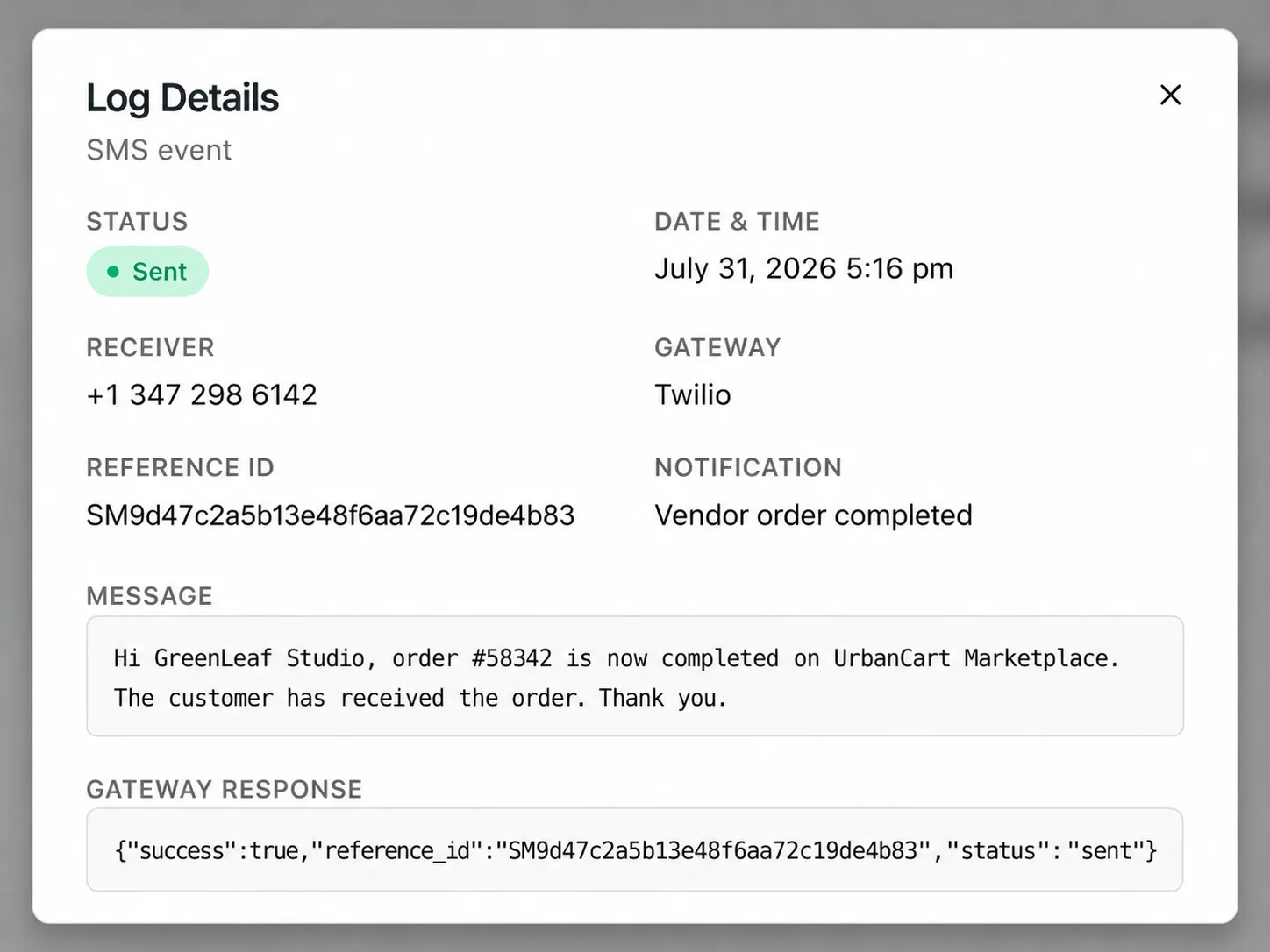 Texty SMS Logs Log Details popup showing a sent vendor order completed notification with receiver, gateway, and message