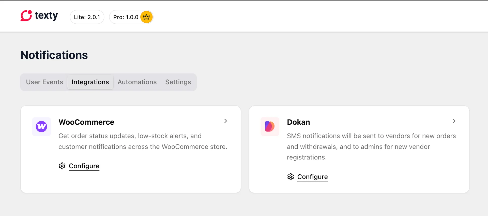Texty Notifications Integrations tab showing both the WooCommerce and Dokan integration cards with Configure links