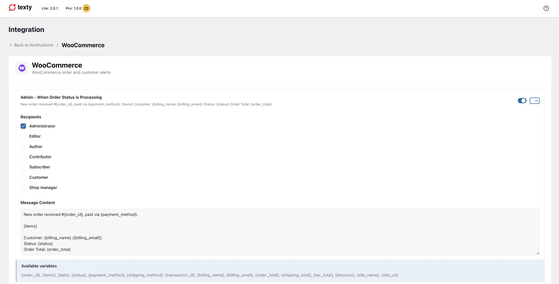 Texty WooCommerce alert settings for the Order Status is Processing event showing recipient role checkboxes with Administrator selected