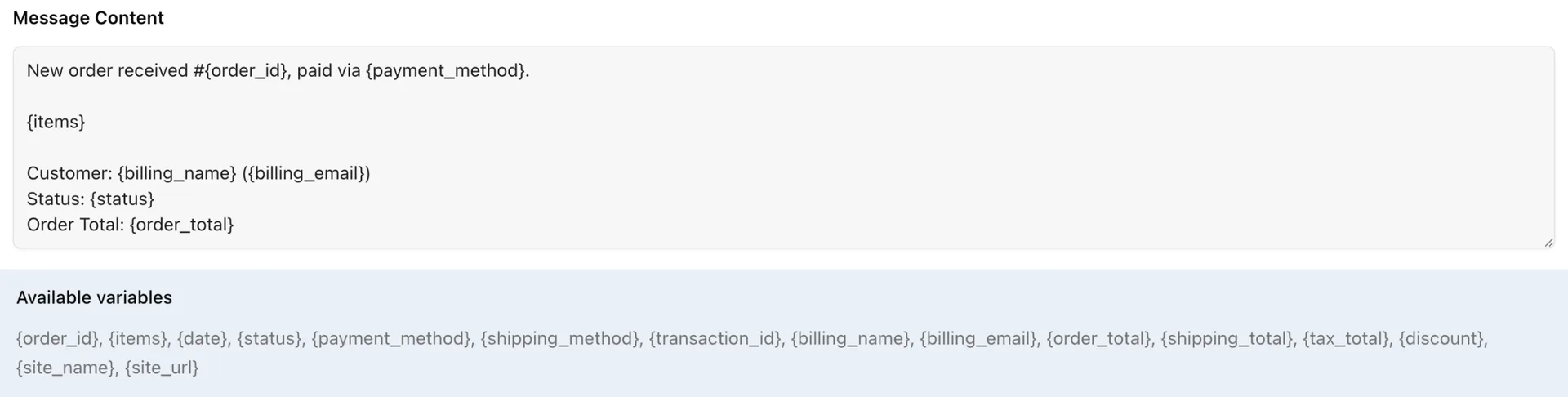 Texty notification Message Content field and list of available order variables such as order_id, billing_name, and order_total