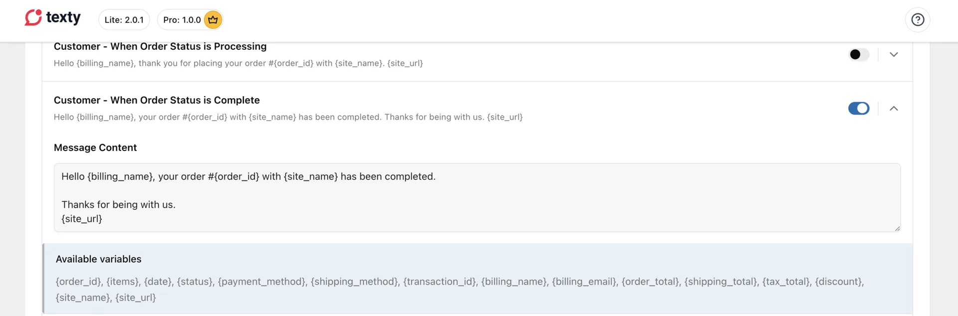 Texty WooCommerce customer alerts list showing Order Status is Processing and Complete messages with message content and available variables