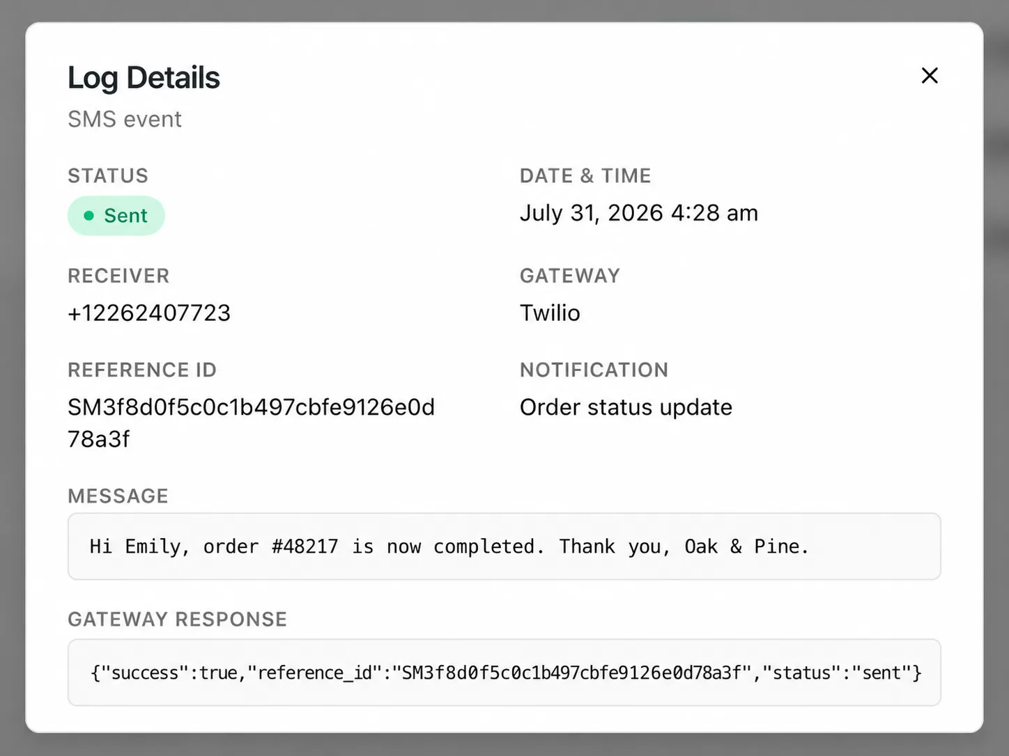 Texty SMS Logs Log Details popup showing a sent SMS record with status, receiver, gateway, and message content