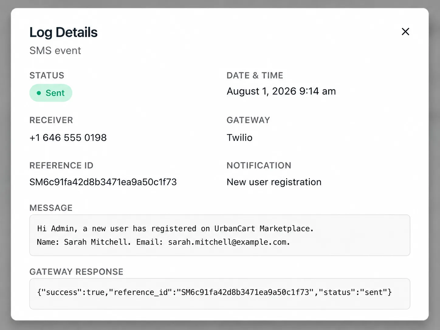 Texty SMS Logs Log Details popup showing a sent new user registration notification with receiver and message