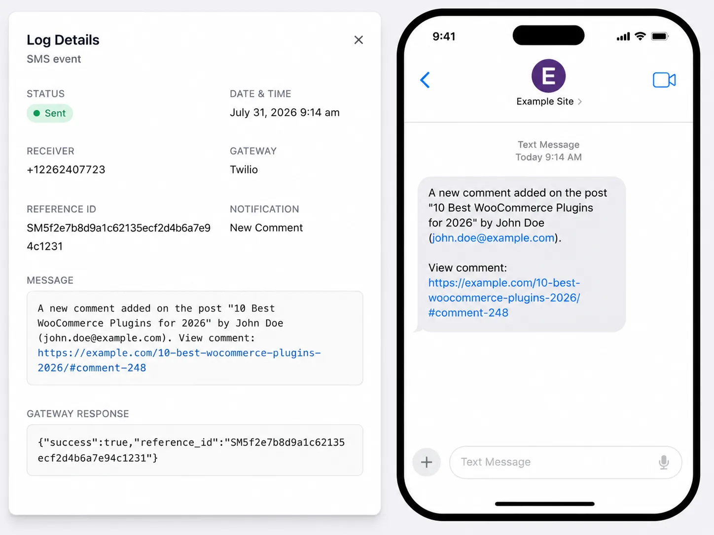 Texty SMS Logs Log Details popup next to a smartphone showing a new blog comment notification text message