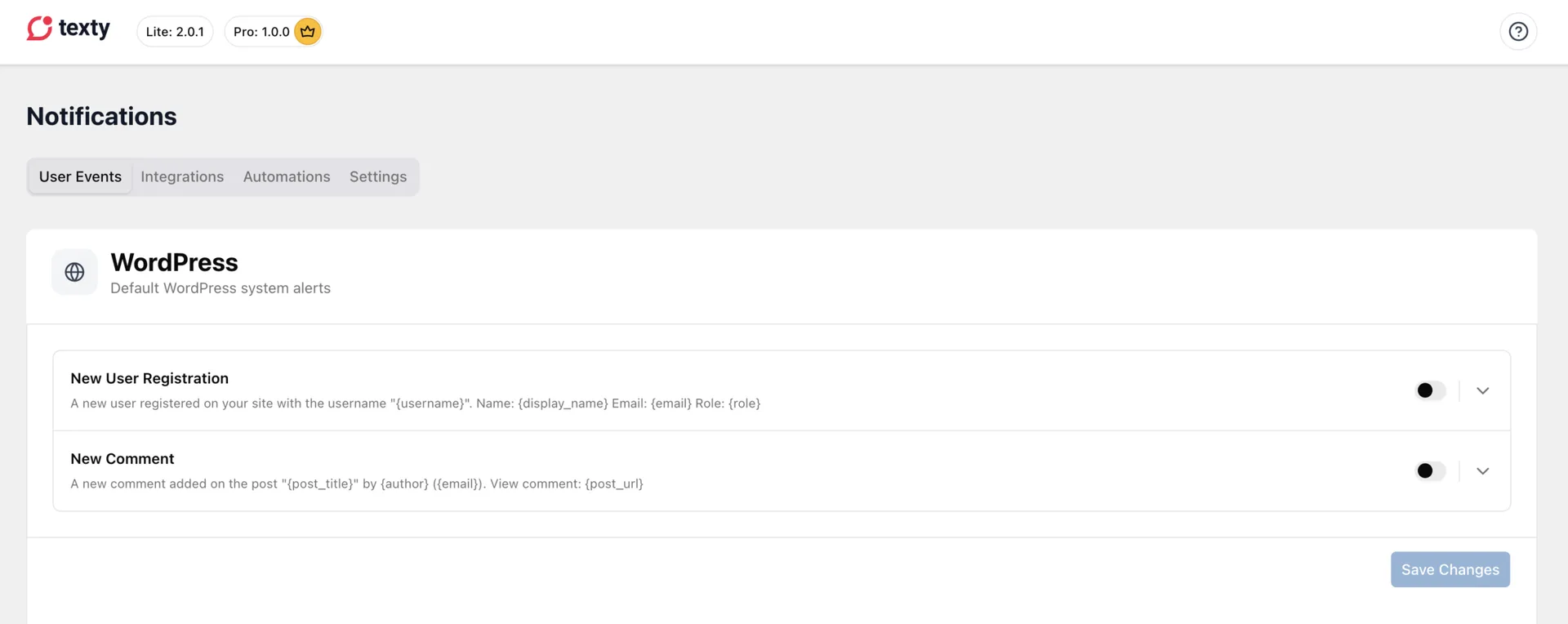 Texty Notifications User Events tab showing the WordPress New User Registration and New Comment SMS alerts