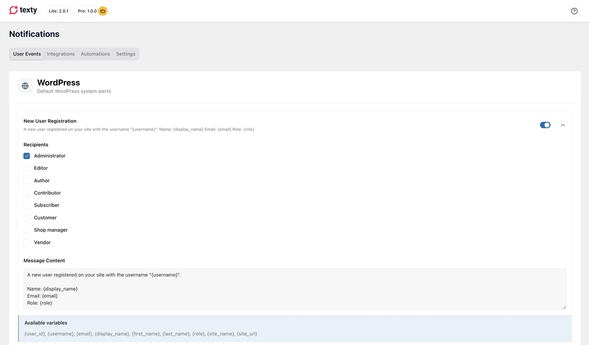 Texty New User Registration alert settings showing recipient role checkboxes and the signup message content