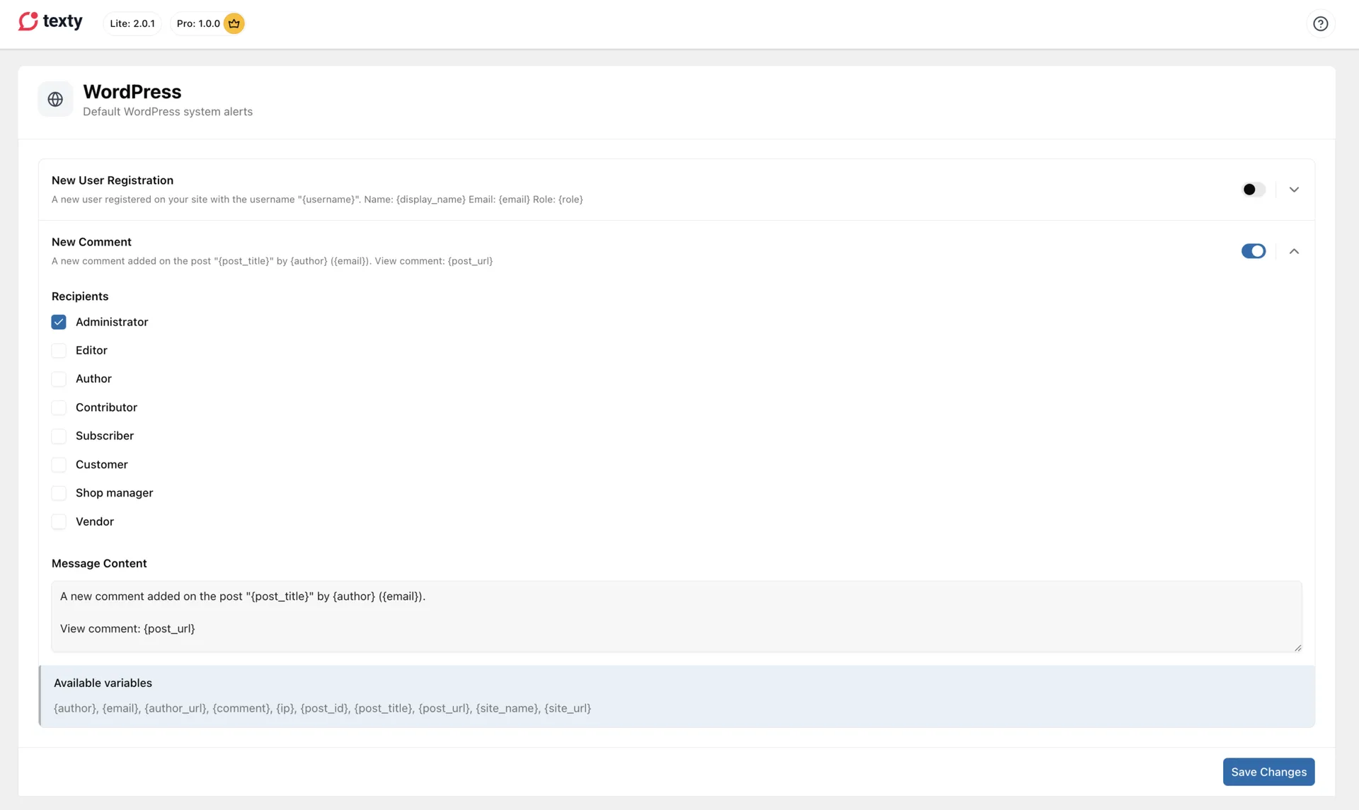 Texty New Comment alert toggled on with recipient roles and message content showing post title and comment author tags
