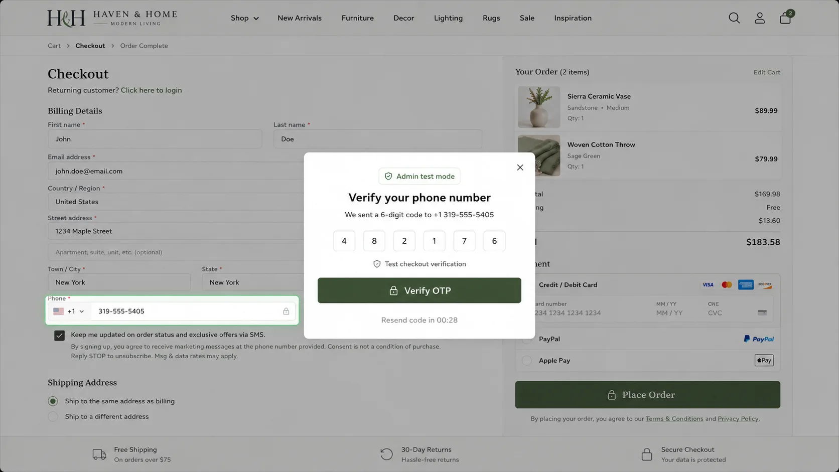 WooCommerce checkout page with an OTP verification modal confirming the customer phone number before placing the order