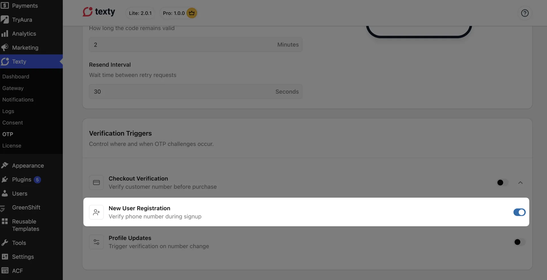 Texty OTP settings page showing code expiry, resend interval, and Verification Triggers with New User Registration selected