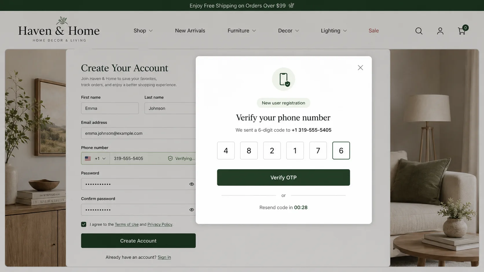 WooCommerce style registration form with an OTP verification modal showing a 6-digit code sent to the phone number