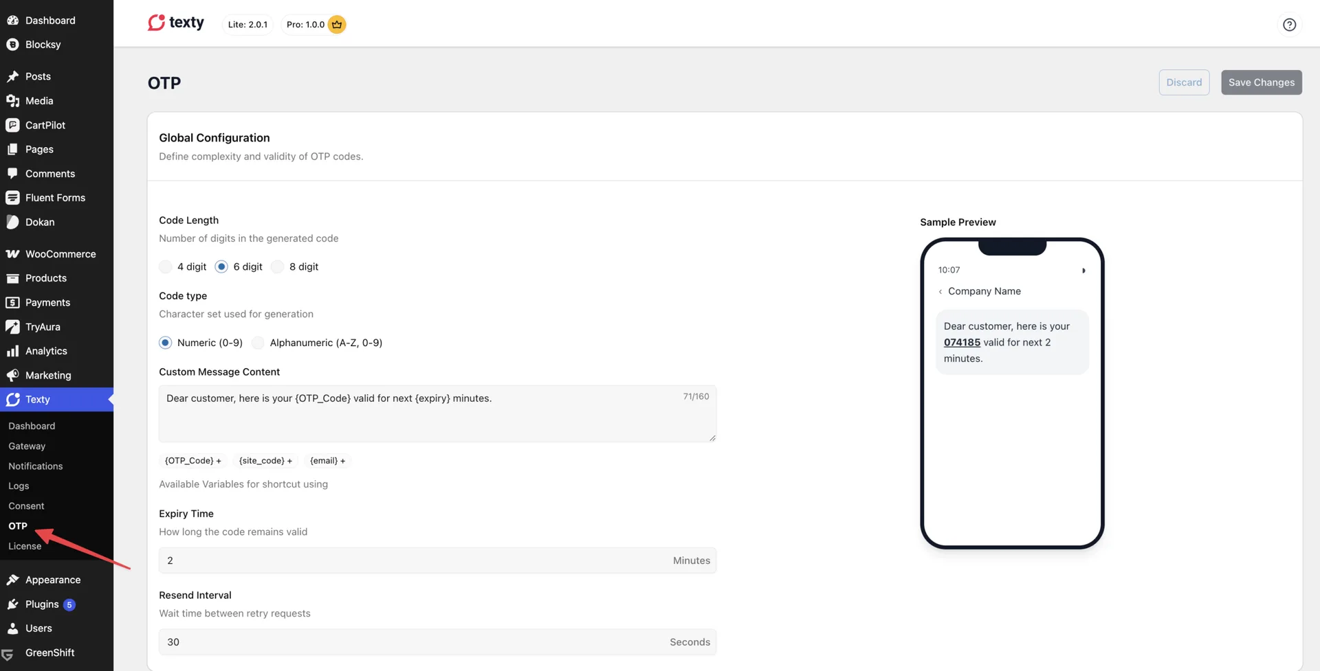 Texty OTP Global Configuration page showing code length, code type, custom message content, and a sample SMS preview on a phone mockup