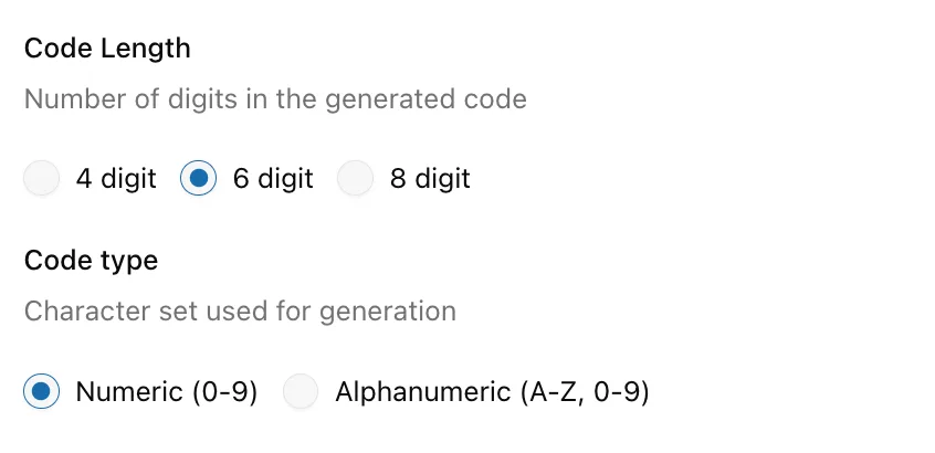 Close-up of the Texty OTP Code Length and Code type radio button options set to 6 digit and Numeric