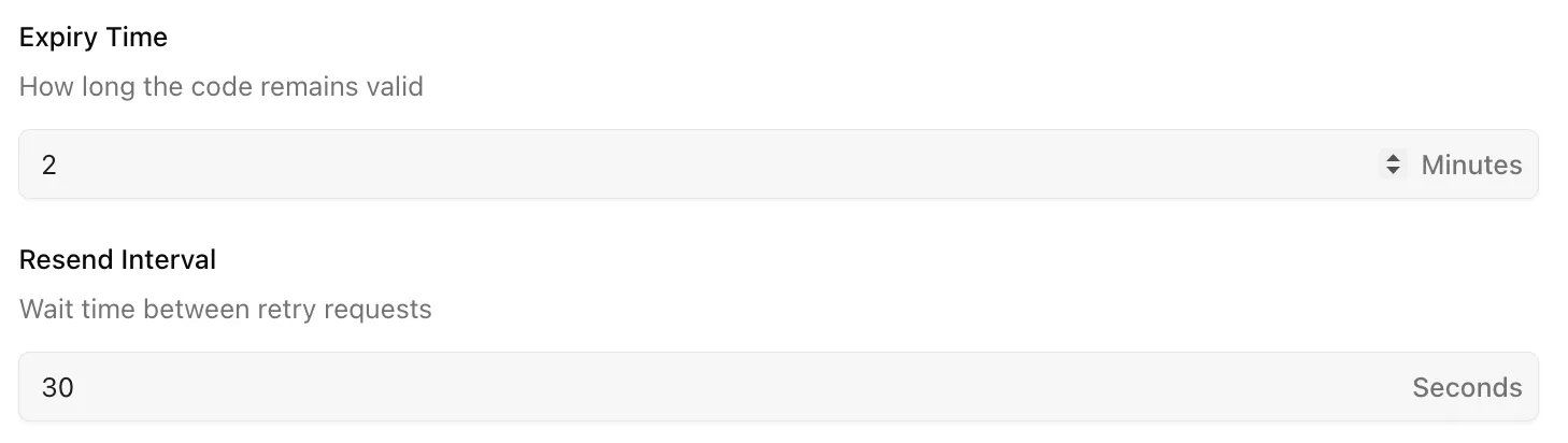 Texty OTP Expiry Time and Resend Interval fields set to 2 minutes and 30 seconds