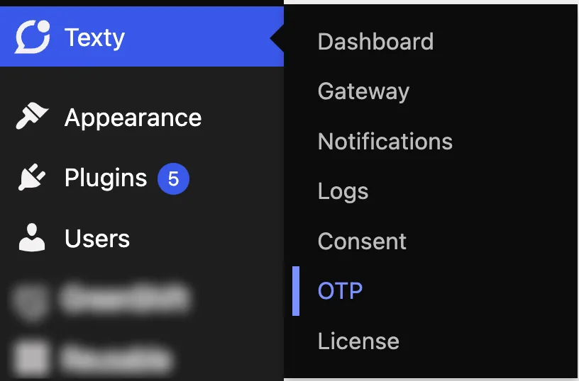 WordPress admin menu with the Texty submenu open and the OTP settings page highlighted