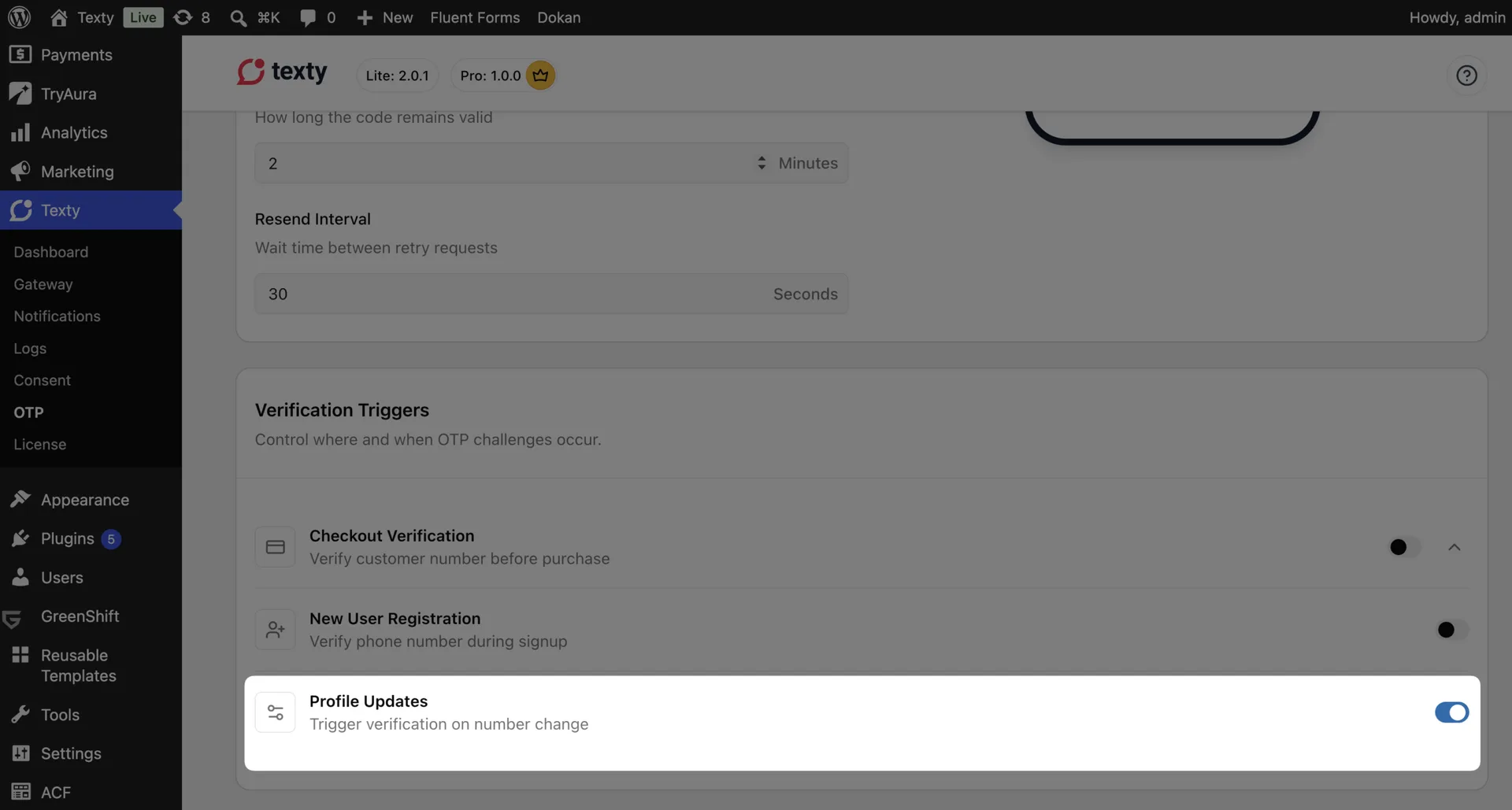 Texty OTP settings page showing code expiry and resend interval fields above the list of Verification Triggers