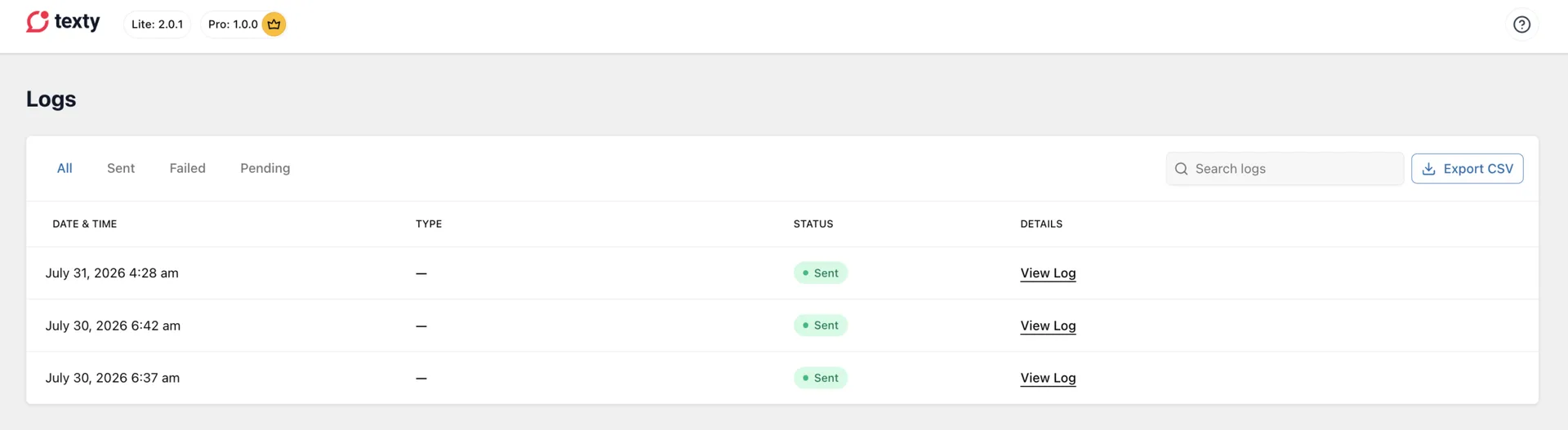 Texty SMS Logs page listing recent sent messages with date, status, and View Log links