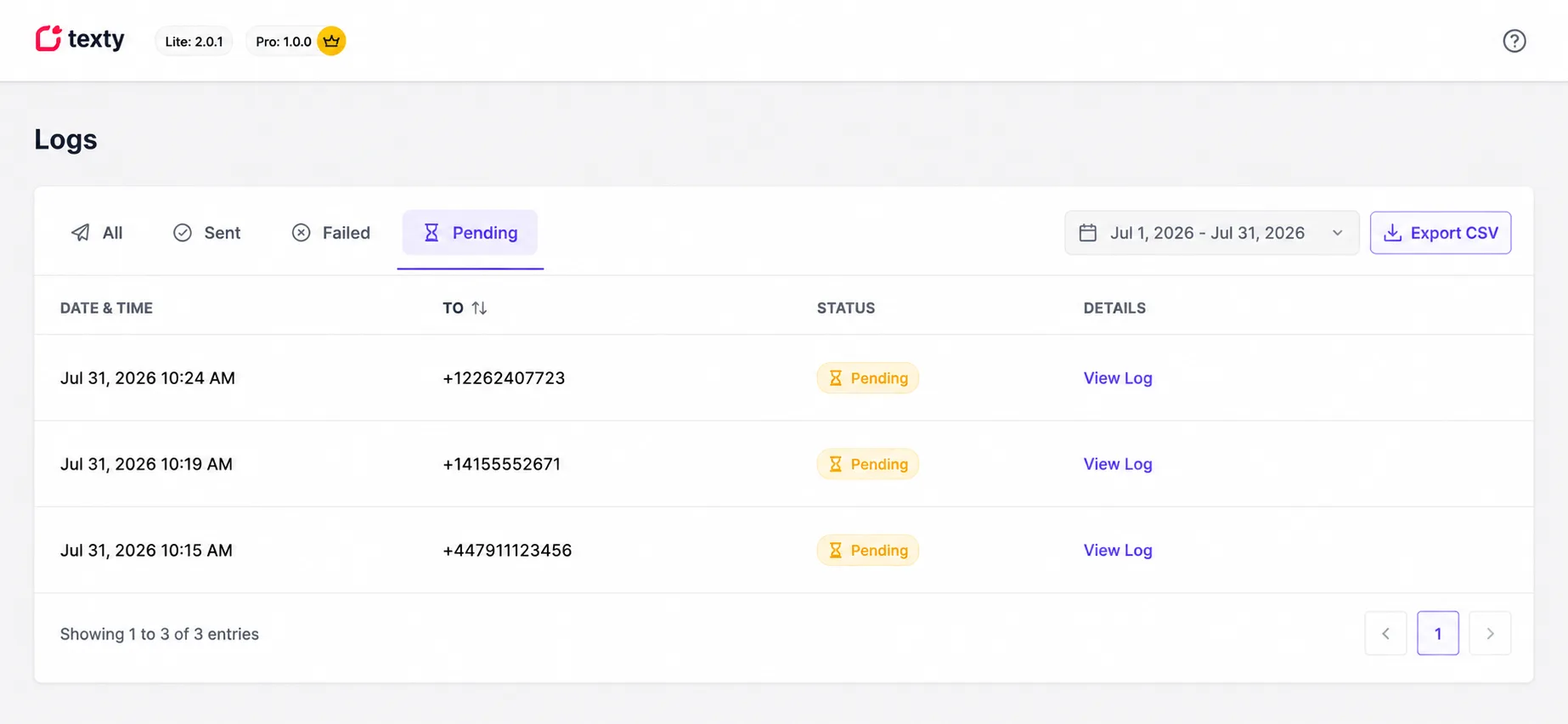 Texty Logs page filtered to the Pending tab with a custom date range selector showing pending SMS records
