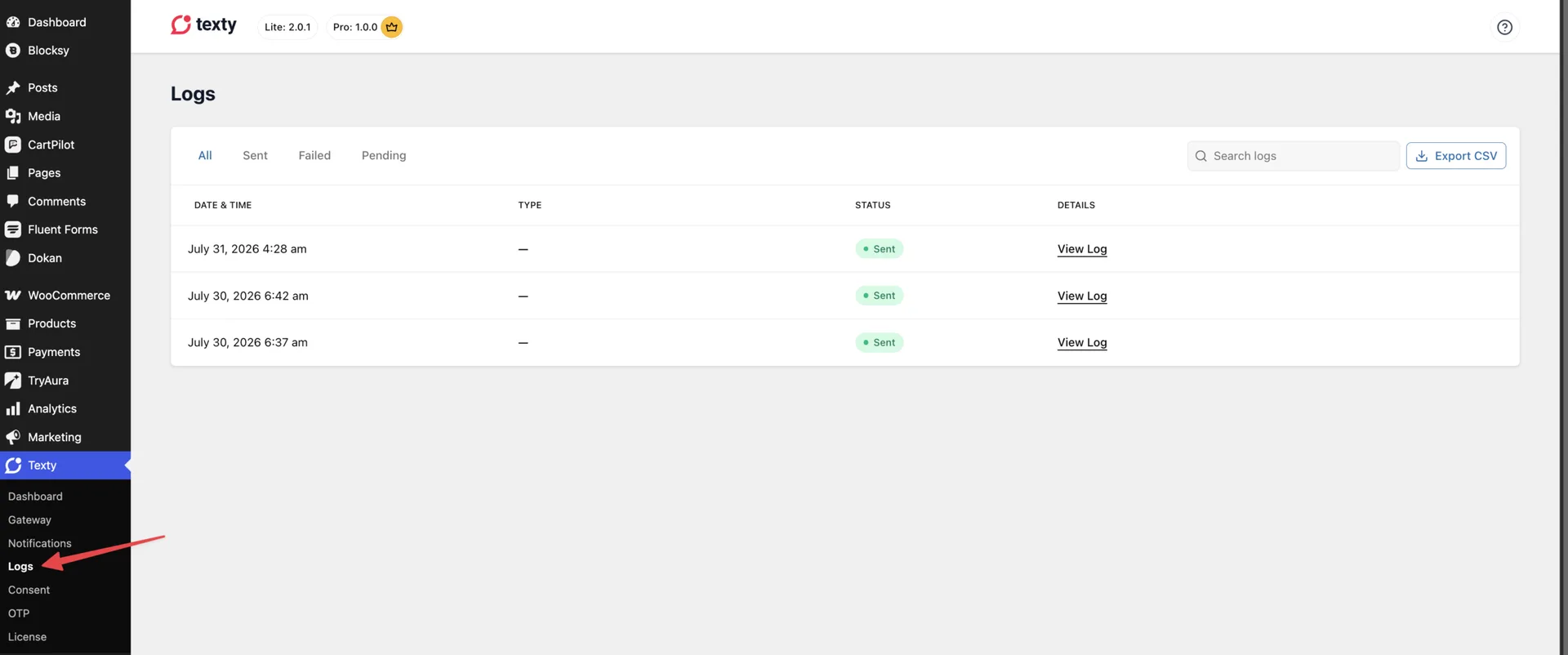WordPress admin sidebar with an arrow pointing to the Texty Logs menu item above the SMS logs table