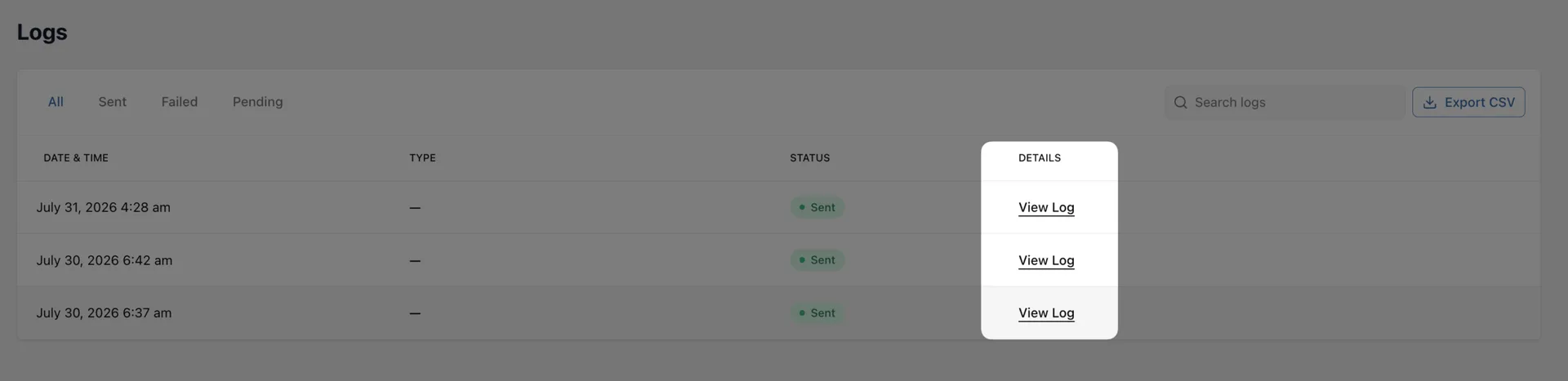 Texty Logs table with the View Log links highlighted in the Details column for each SMS record